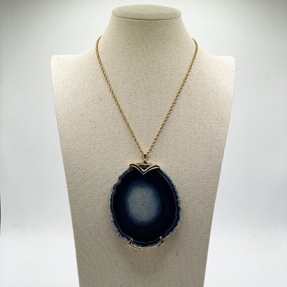 Kenneth Lane Vintage 70s Large Blue Agate Geode Slice Iconic Pendant Necklace - Picture 2 of 7